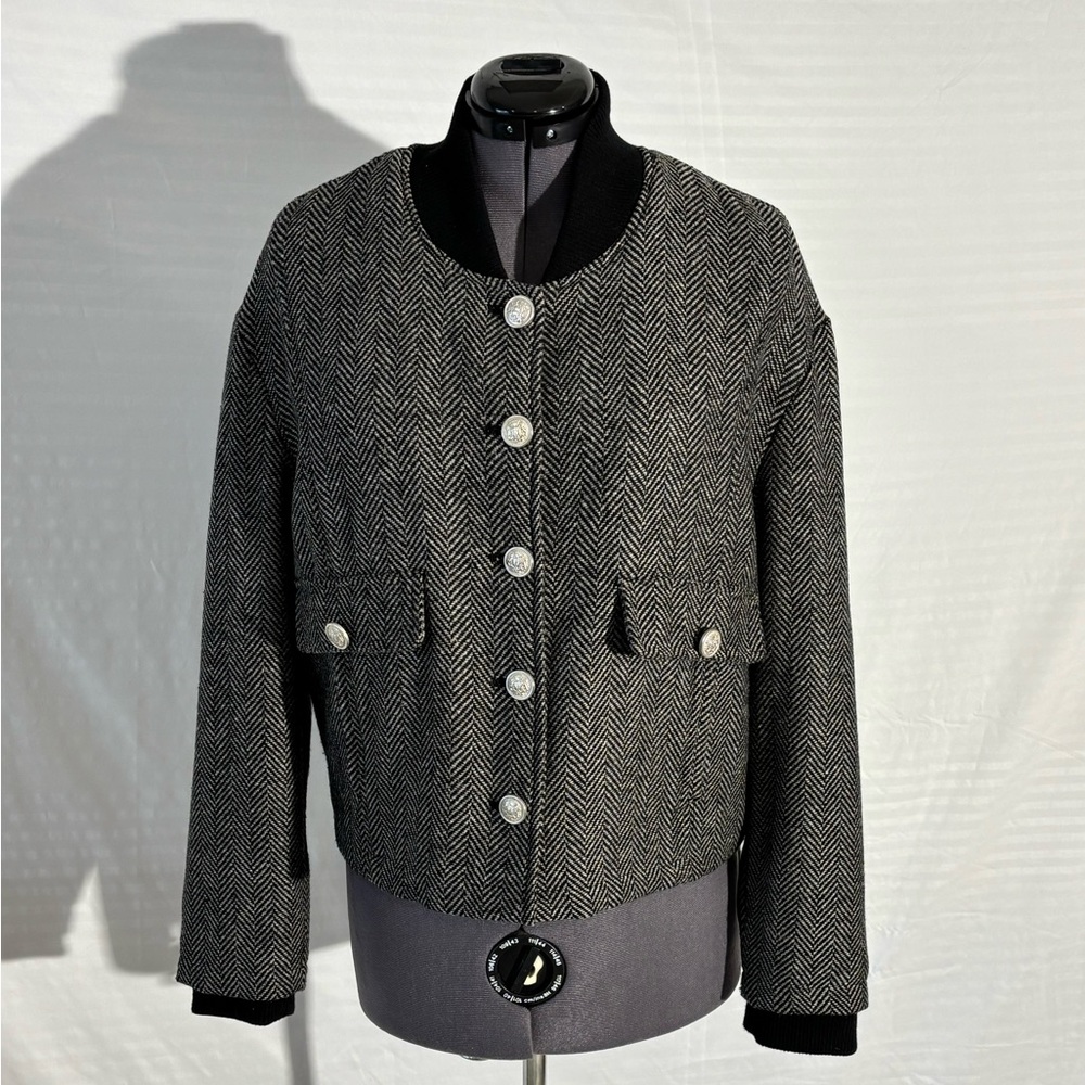 bagatelle Black and Gray Herringbone Bomber Jacket